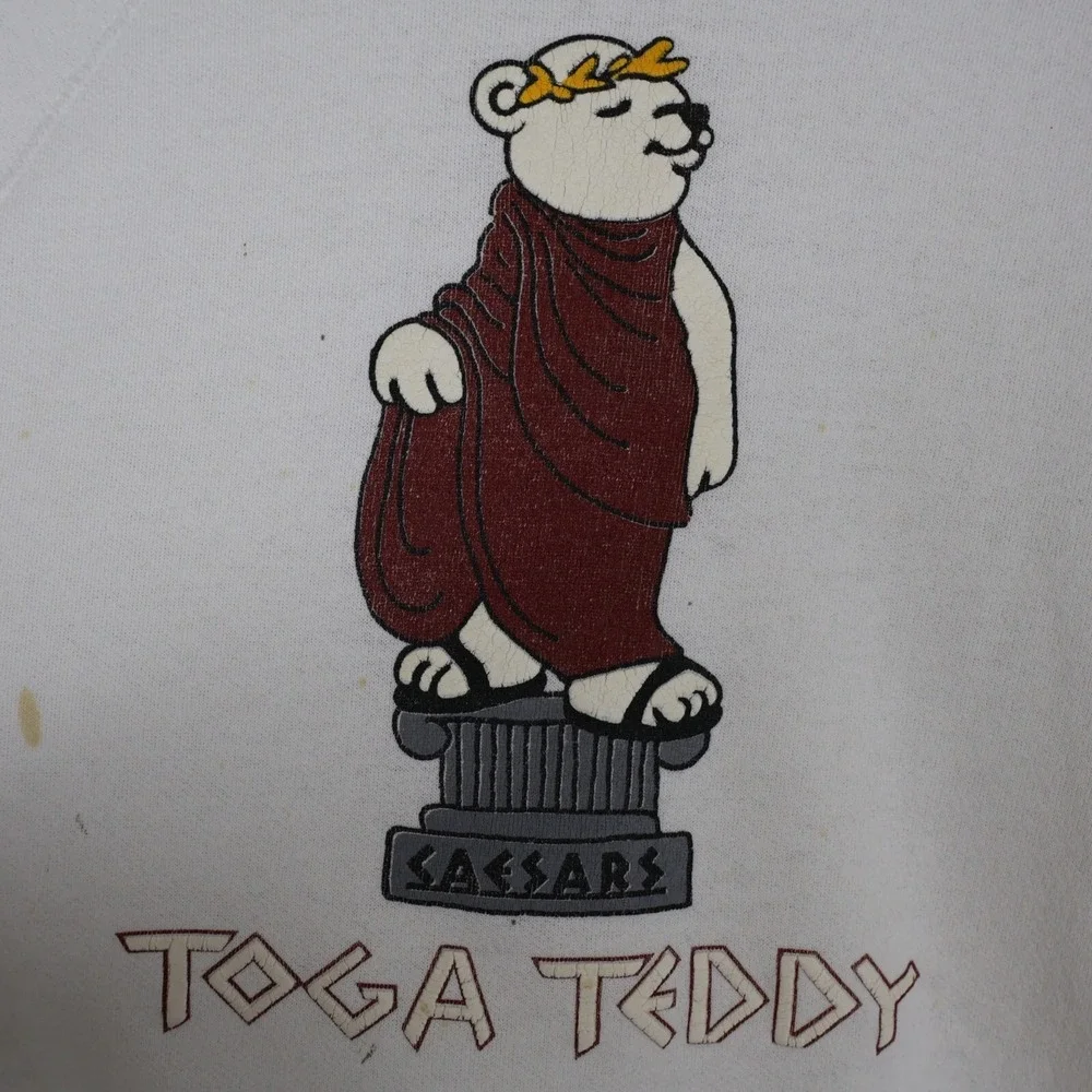 Vintage Caesars Toga Teddy Puff Print Sweatshirt Distressed‎ White XL 23.5x27